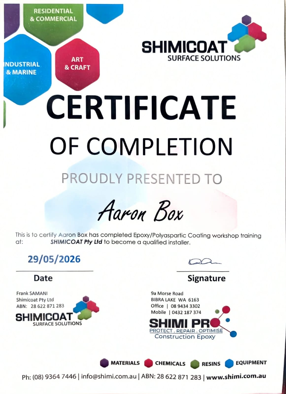 Shimicoat certificate of completion qualifying Aaron Box as an epoxy coating installer