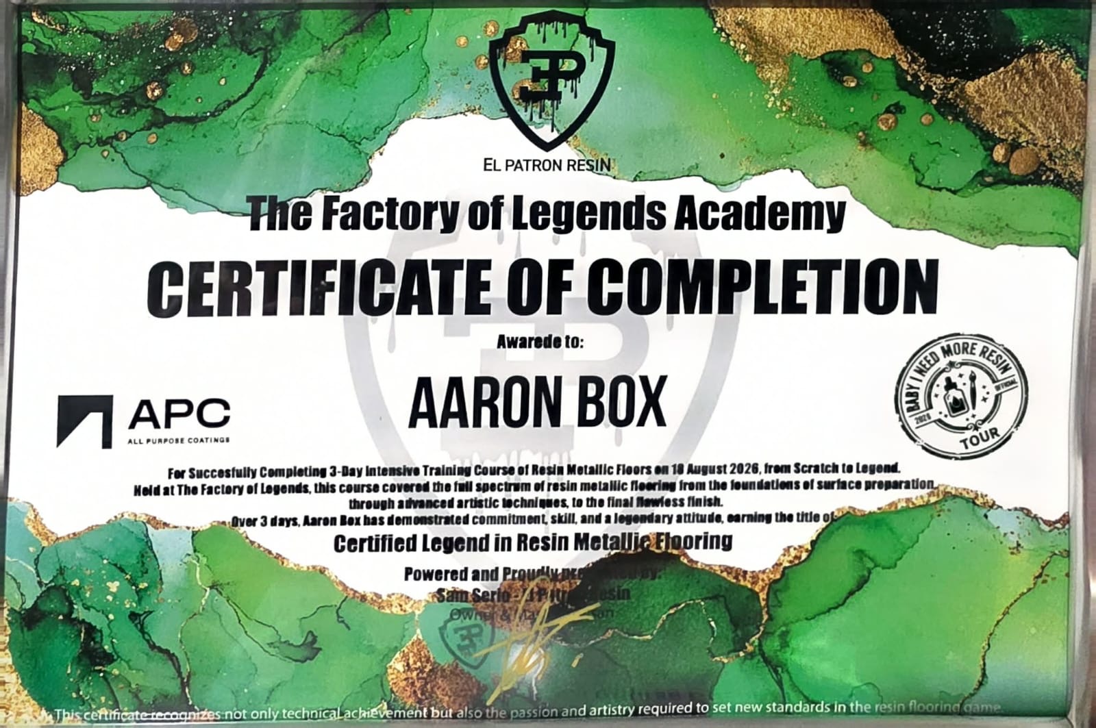 Certificate of completion awarded to Aaron Box by The Factory of Legends Academy