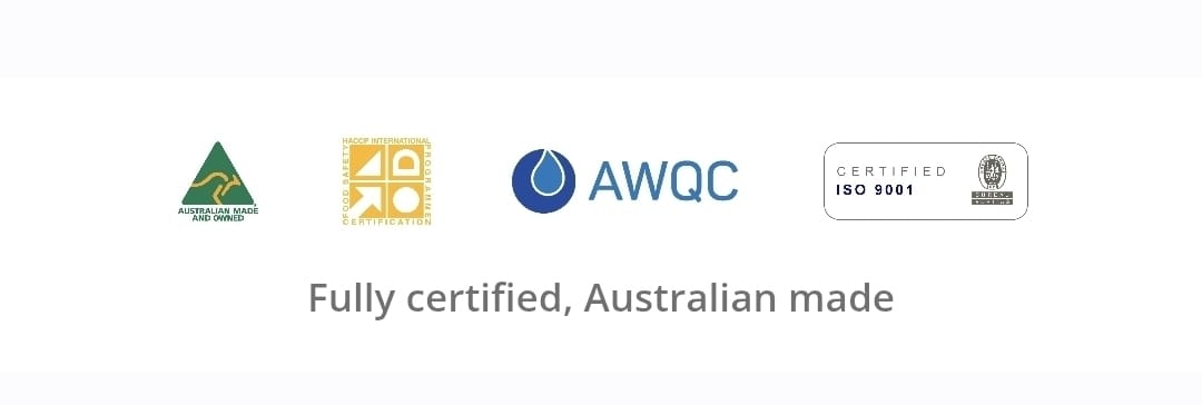 Australian Made, HACCP, AWQC and ISO 9001 certification marks for the resin systems used