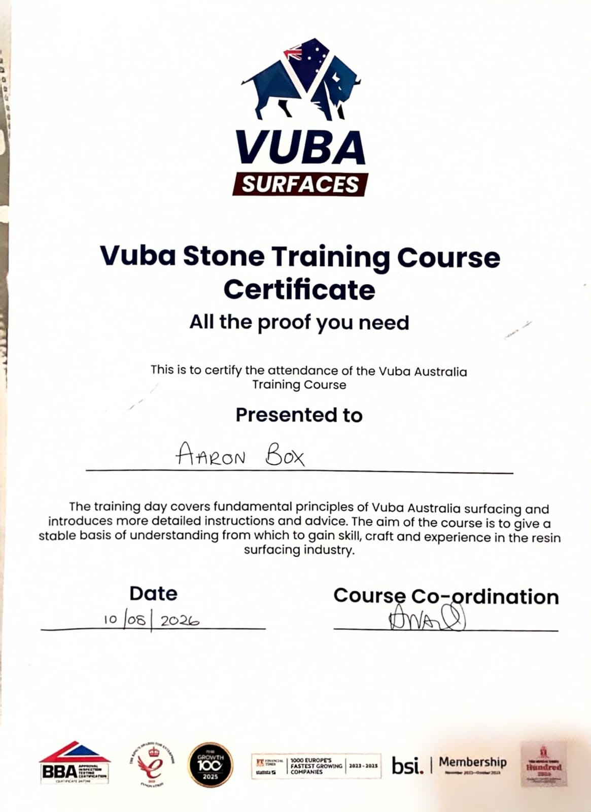 Vuba Surfaces stone training course certificate presented to Aaron Box